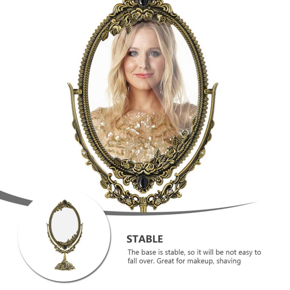 Retro Spiegel aus Metall mit Stabilem Standfuß und Filigranem Design Doppelseitiger Schminkspiegel für Makeup und Rasur Eleganter Tischspiegel mit Glasoberfläche