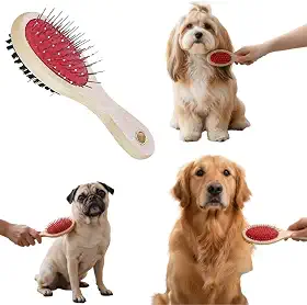 Escova Dupla para Pelos Longos de Cachorros e Gatos com Cabo de Madeira Ergonômico – Lado com Cerdas Macias e Pinos Metálicos para Desembaraçar, Remover Sujeira e Dar Brilho ao Pelo do Pet