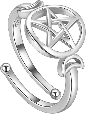Jewmon 925 Sterling Silver Pentacle Pentagram Ring for Women Wiccan Triple Moon Ring Adjustable Goddess Amulet Wrap Open Ring Protection Witch Pagan Jewelry Gifts for Mom Daughter