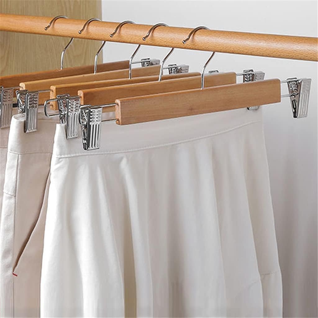 10 Pcs Wooden Pants Hangers with Stainless Steel Clips Solid Wood Skirt Hanger Trousers Rack Clip Clothes Pegs