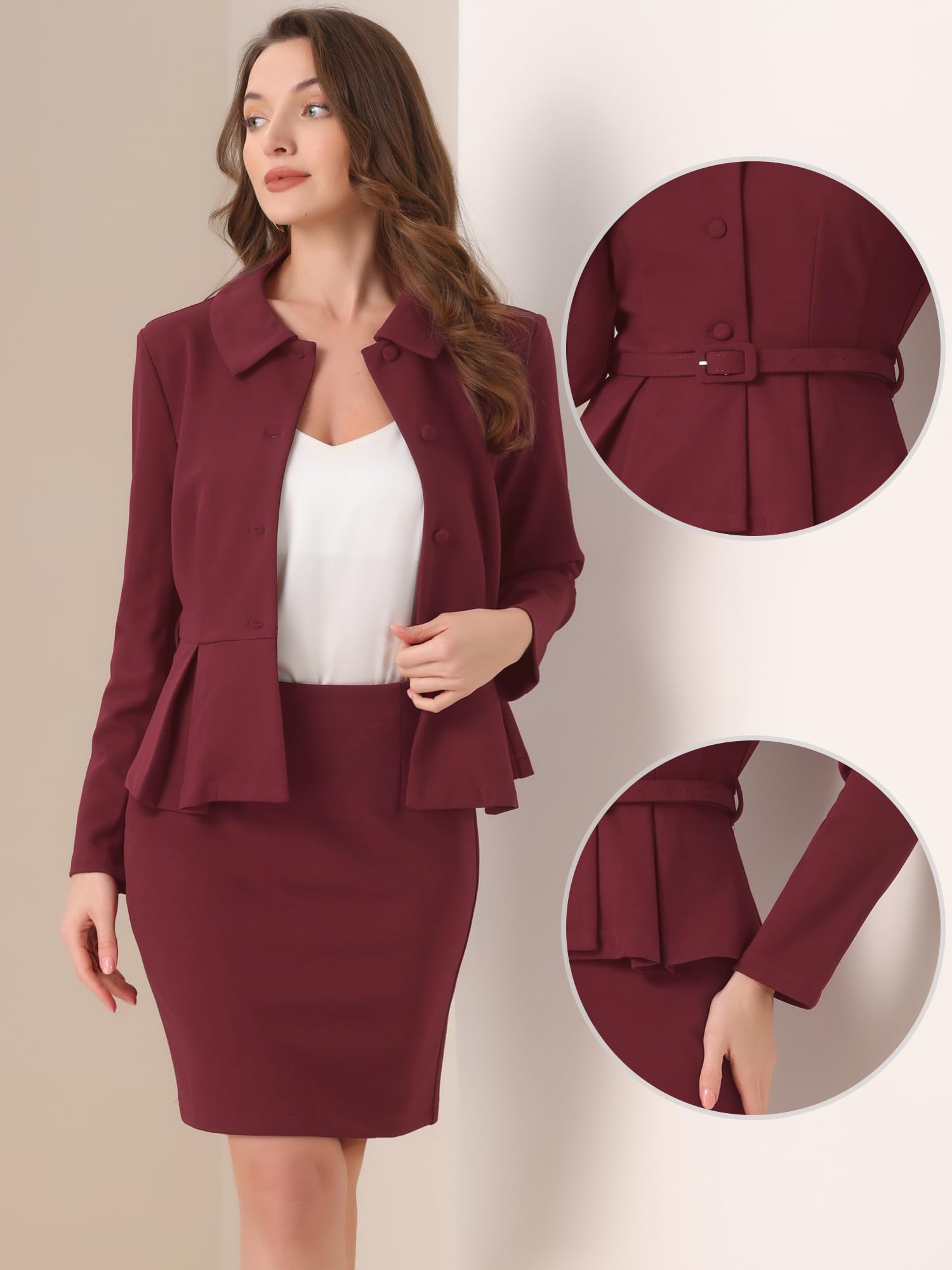 Allegra K Damen 2-Teilige Business Anzüge Schößchen Blazer Jacken und Bleistiftrock Sets