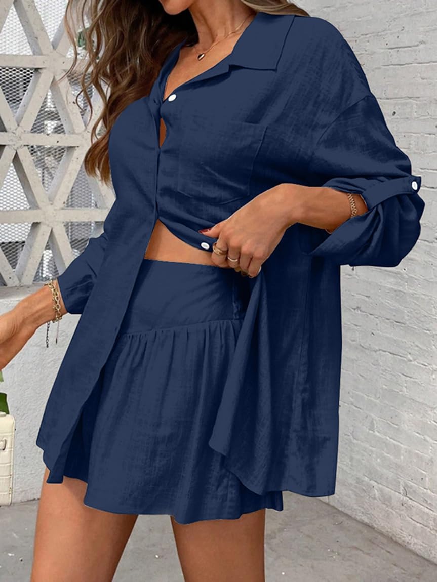 Générique Ensemble Femme Été 2 Pièces Chemise Manches Longues et Short en Coton Lin Tenue Chic Décontractée Loungewear Vacances Plage