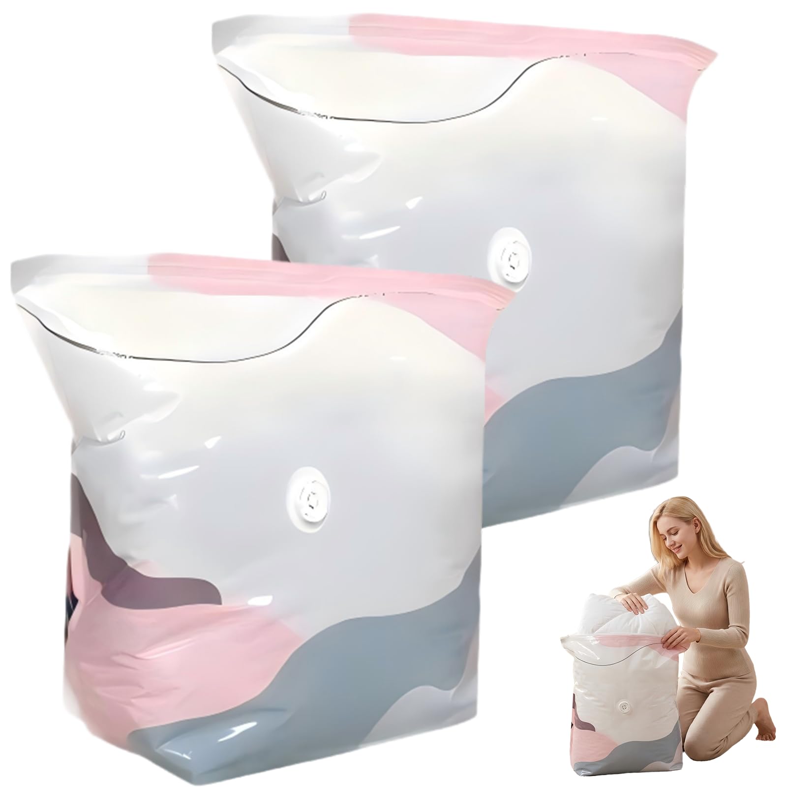 No-Pump Vacuum Storage Bags, Press and Seal Reusable 3D Cube Space Saver Bags for Clothes Bedding Blankets Comforters, Heavy Duty College Dorm Moving Supplies & Off-Season Closet Organizer (2 pcs)
