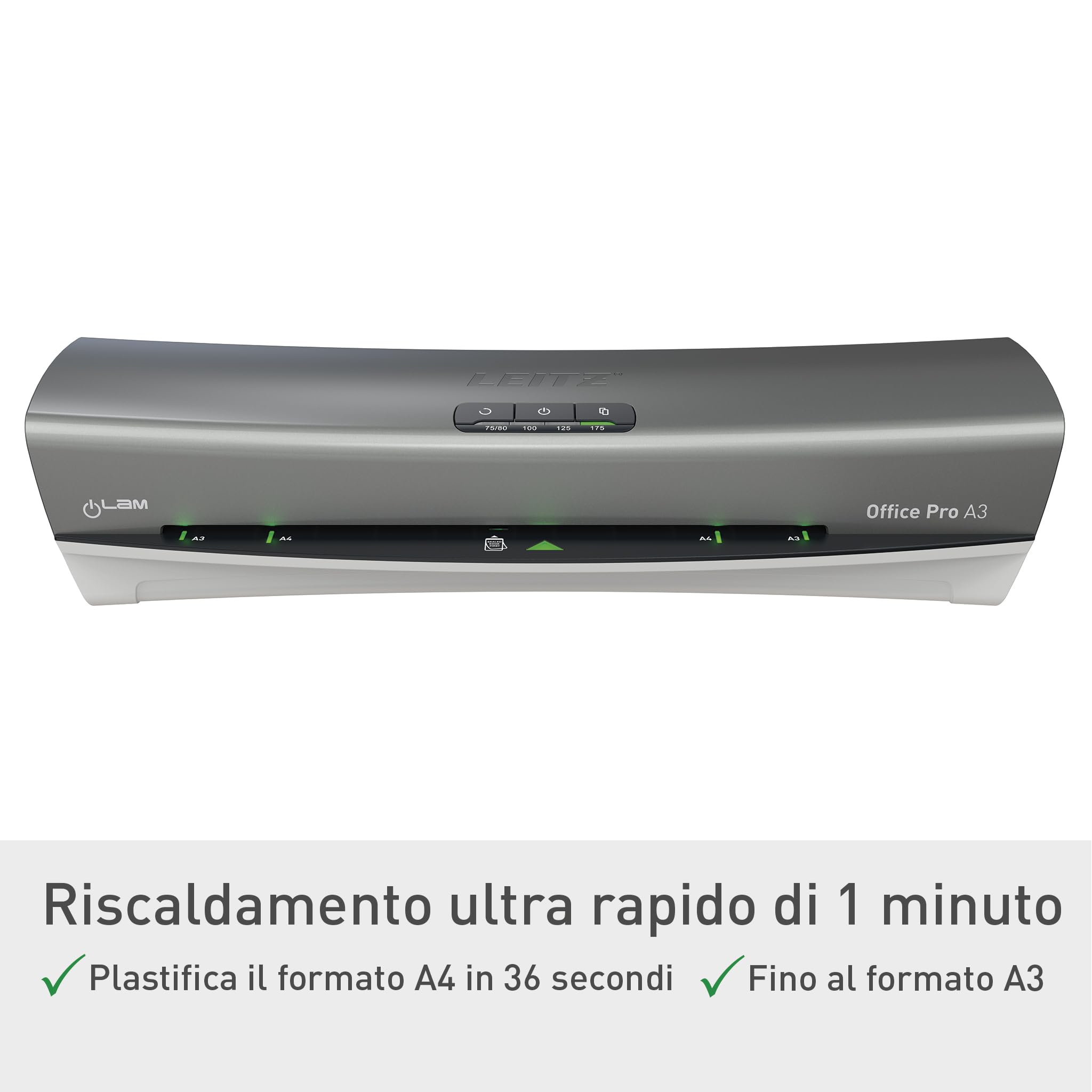 Leitz iLAM Office Pro Plastificatrice A3 ? Riscaldamento ultra-rapido in 1 min, 75-125 mic, anti-inceppamento, spegnimento automatico, include 5 pouch A4 per plastificazione, grigio-bianco, 75180084