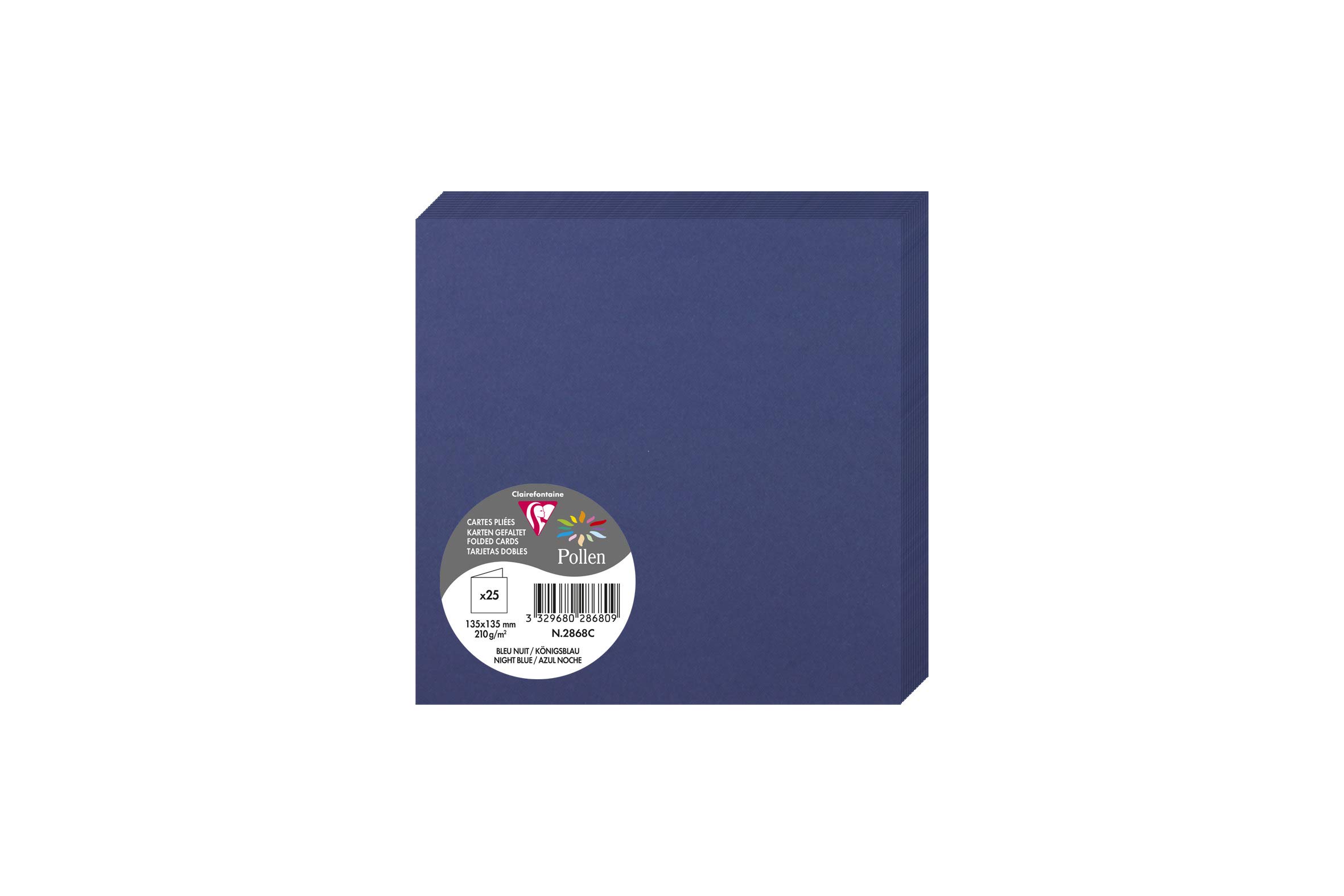 Clairefontaine 2868C Pack of 25 Double Cards Square Format 13.5x13.5cm 210g/m² Midnight Blue Invitation Correspondence Cards Pollen Range Premium Paper