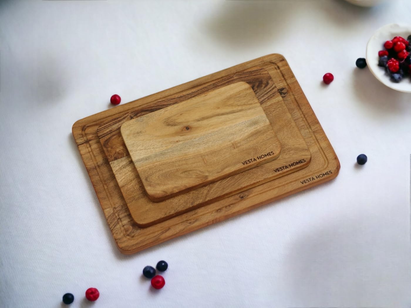 Vesta Homes Cutting Boards for Kitchen, Large Wood Chopping Board Set of 3 | Acacia Charcuterie Board | Wooden Trays for Meat, Serving Board for Fruit, Vegetables and Cheese | (15x10, 12x8, 9x6 inch) - Image 2