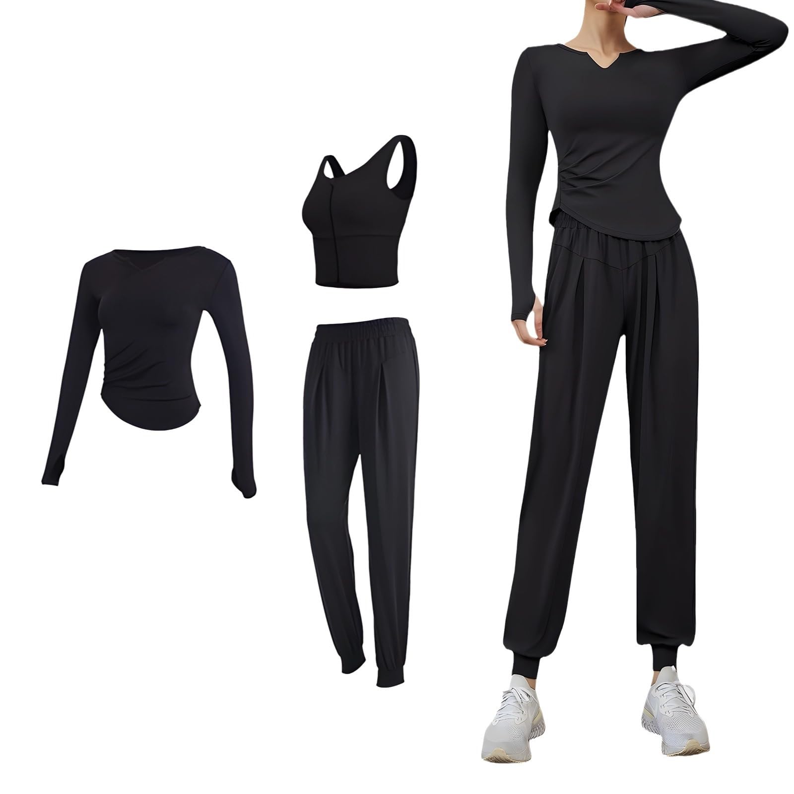 Xxl - Conjunto de 3 piezas de yoga y gimnasio para mujer, leggings, top corto y chaqueta, tela transpirable que controla la humedad, Negro, Talla única