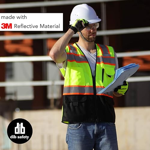 Miniatura 6 de Dib Safety Chaleco reflectante con bolsillos y cremallera, malla de alta visibilidad ANSI Clase 2, fabricado con cinta reflectante 3M, amarillo y