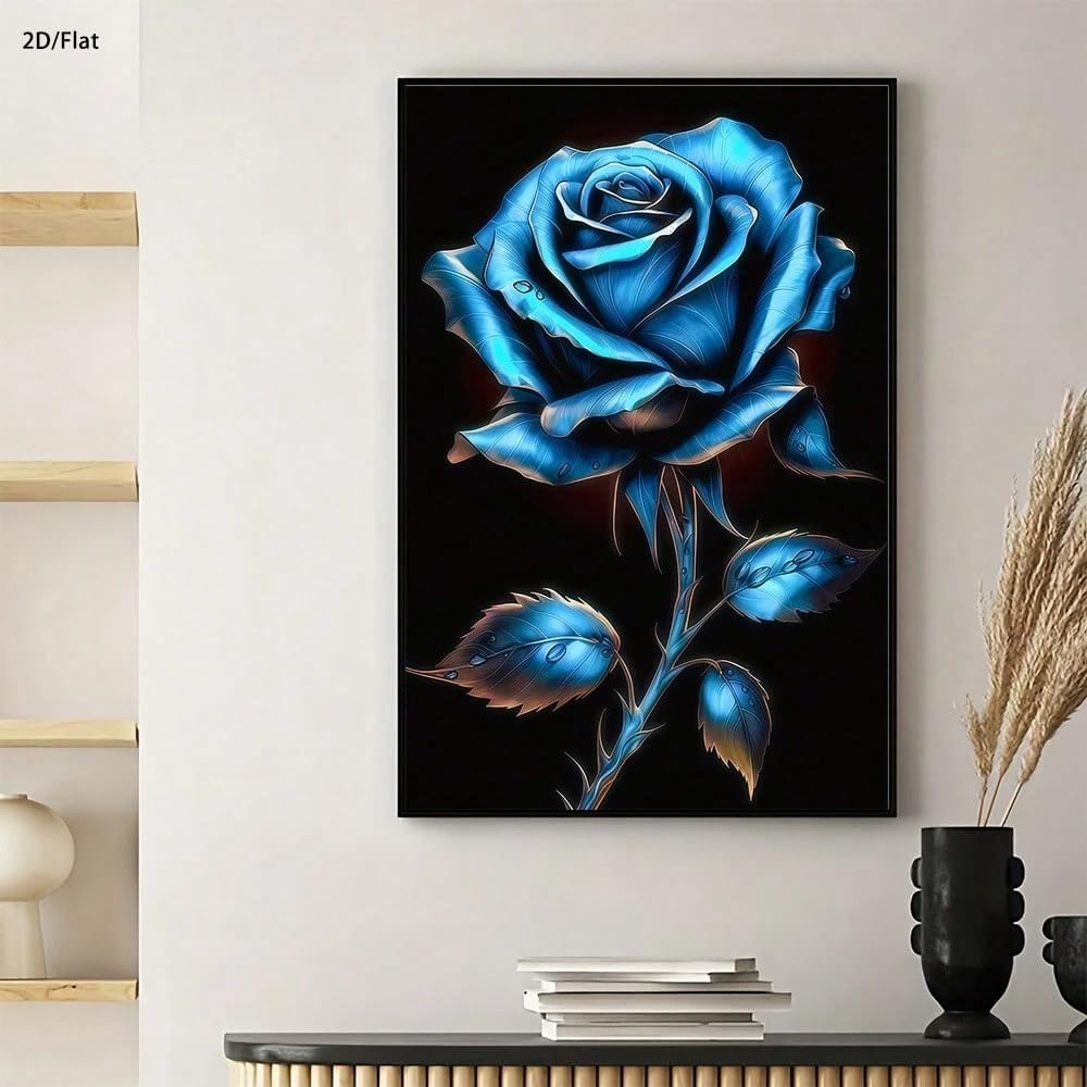 VCBNUGH Stampa su tela con motivo floreale metallizzato, decorazione murale con fiori blu a forma di goccia di rugiada, poster su tela, quadro per la decorazione della casa (50x70 cm/con cornice)