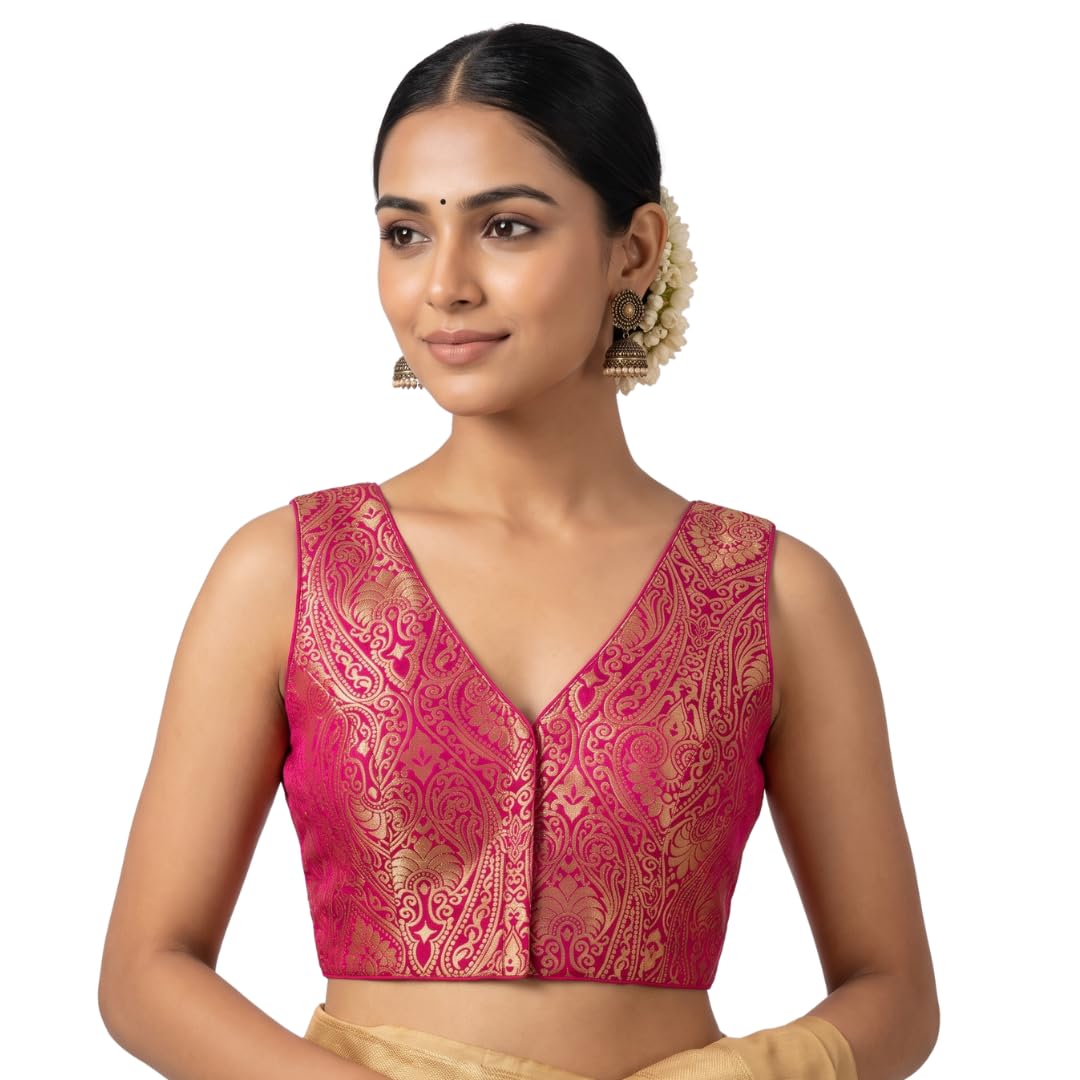 studio shringaar Women's Benaras Brocade Sleeveless Saree Blouse-picture-15