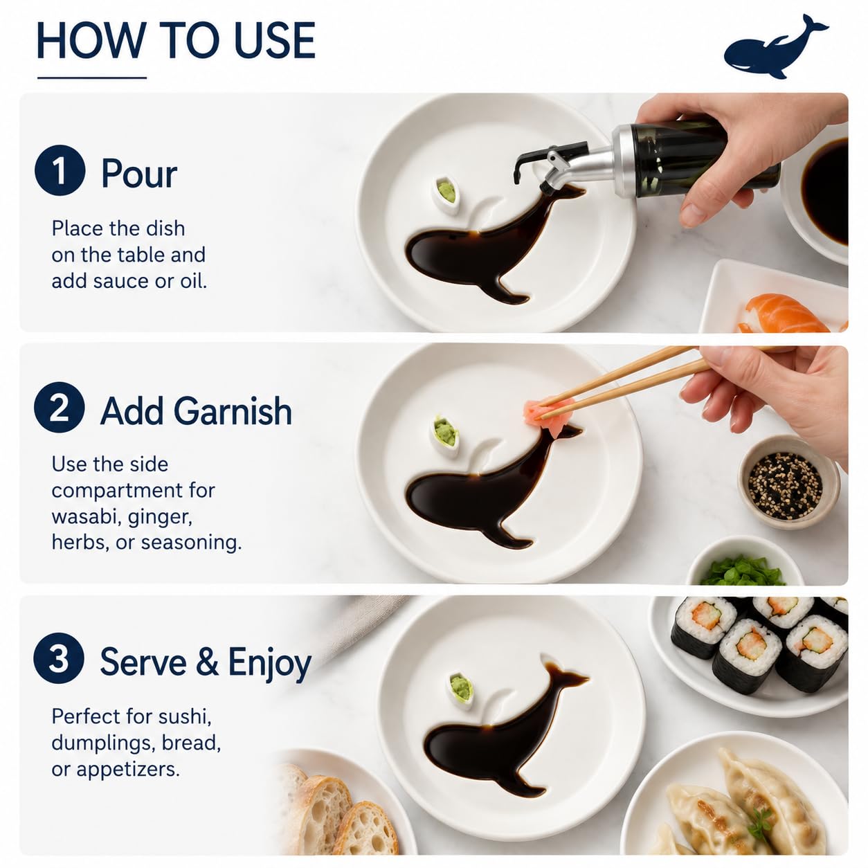 Lot de 10 plats à sauce soja en céramique blanche en forme de baleine, 15 cm pour huile d'olive, vinaigre