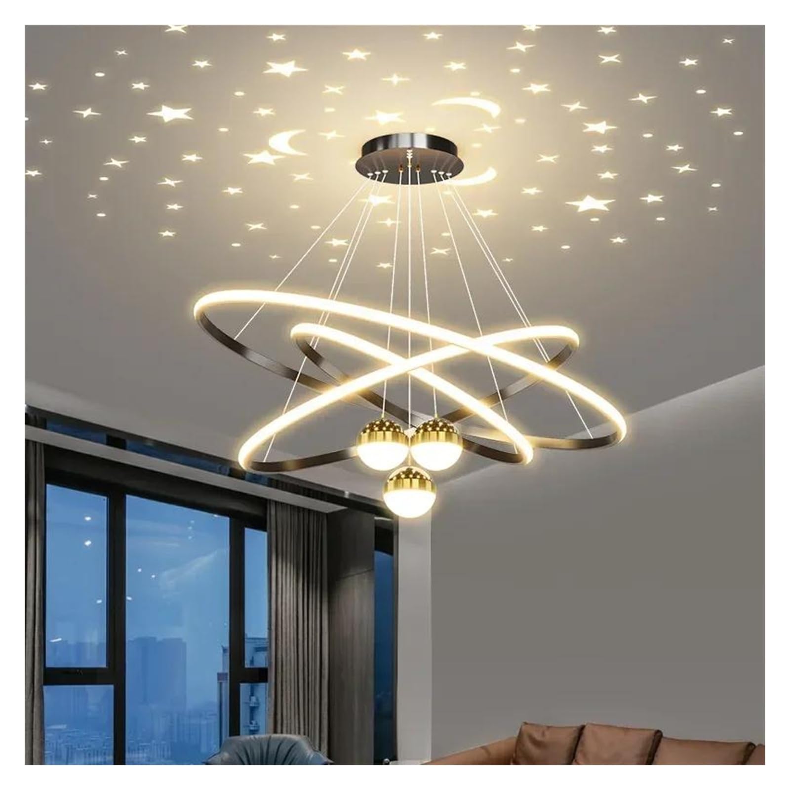 Lampes suspendues et lustre créatif à LED noir dimmable pour plafond de séjour
