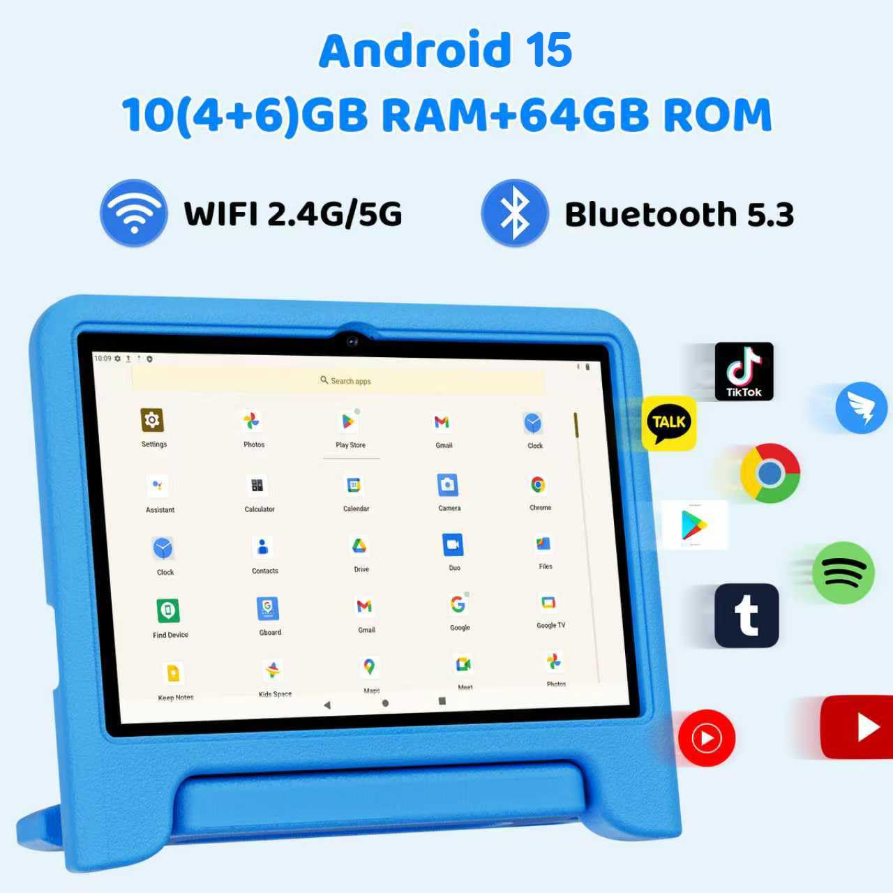 Tablet per bambini aggiornato 2024, tablet Android 14 da 10 pollici per bambini con custodia inclusa, batteria da 8000 mAh, con Google Kids Space, controllo parentale, 10 GB + 64 GB, WiFi6, Youtube,