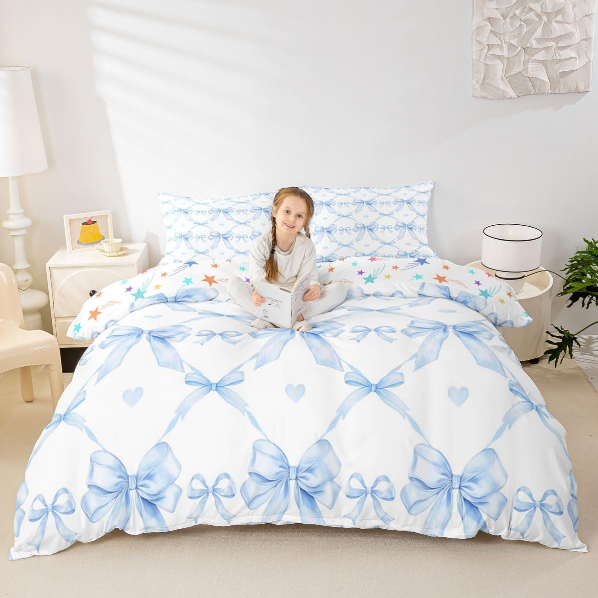Homewish Dziewczyny śliczna niebieska kokarda geometryczne zestawy poszewek na kołdrę dla dzieci Kawaii kokardka pościel księżniczka wstążka poszwa na kołdrę kobiety ciepłe miękkie pościel zestaw