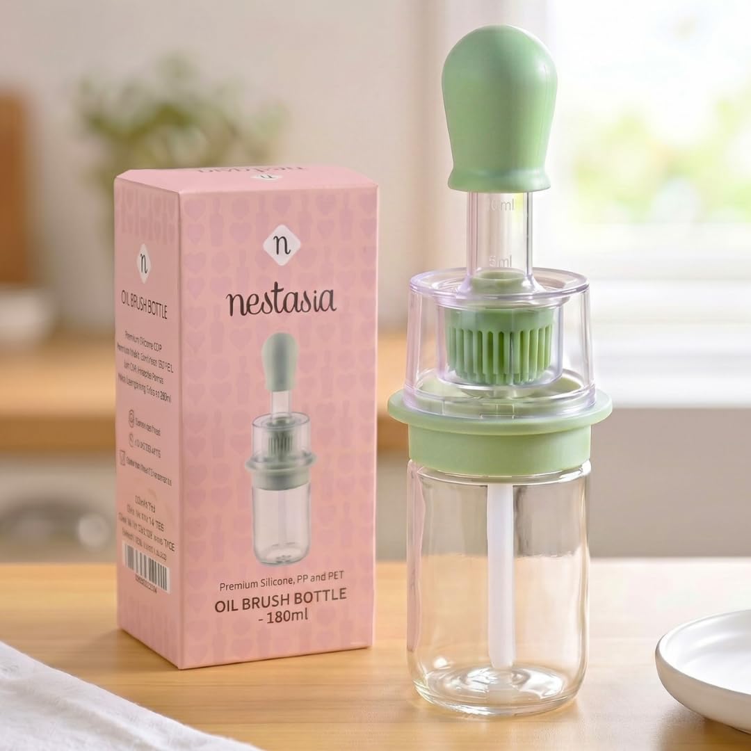 Nestasia 2 in 1 Glass Oil Spray & Brush Bottle for Kitchen (180 ml) - Separate Silicone Brush & Oil Storage Compartments with Dropper | Leakproof Oil Container for Cooking, Baking, Marinating & BBQ