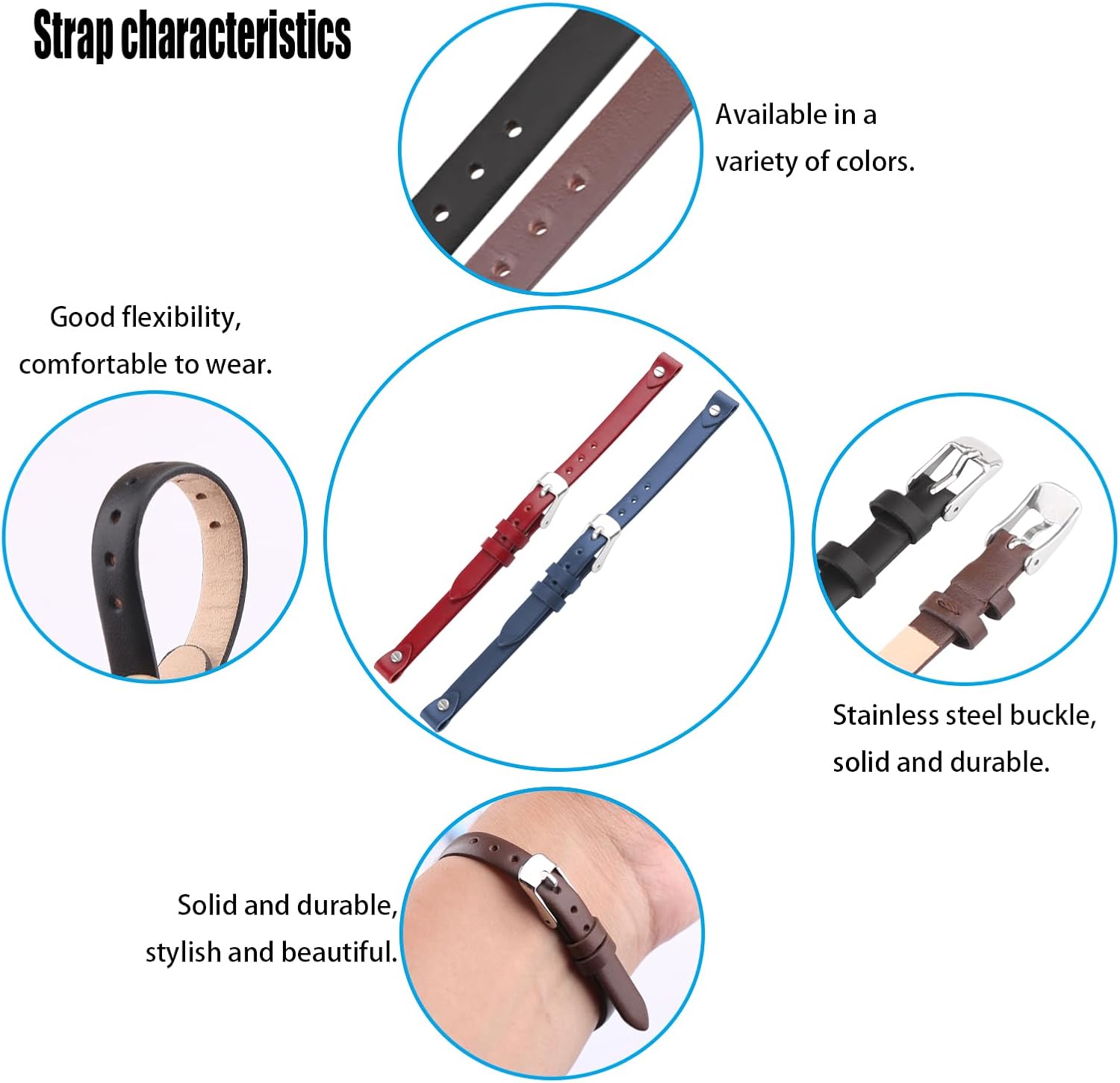 XIW Compatible for 8mm Fossil ES2829 ES2830 ES3060 ES3076 ES3077 Women Leather Watch Wirst Band Replacement for men Wirstband Strap Bracelet
