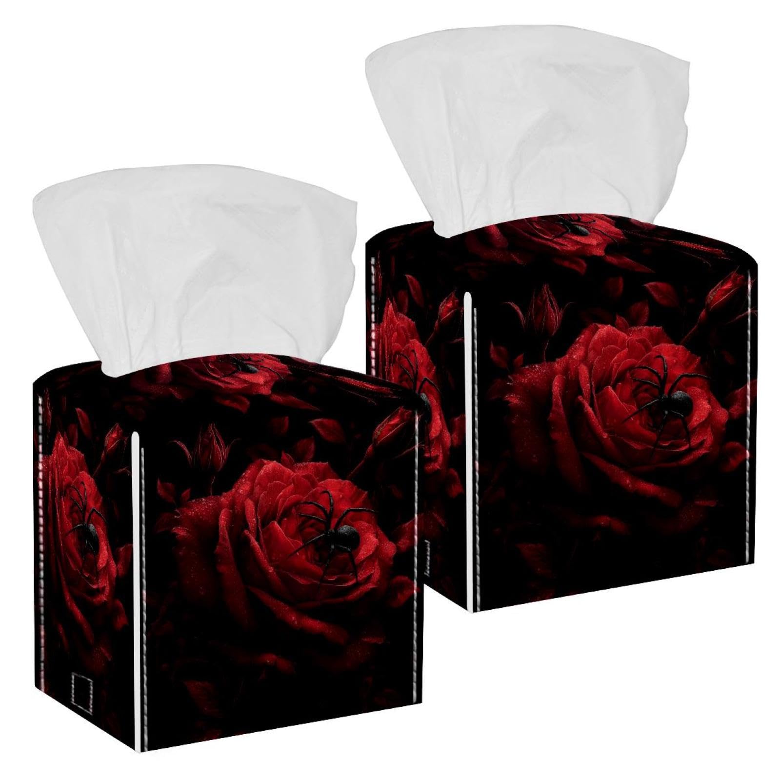 Rose and Spider Tissue Box Cover, 2 Pack PU Leather Square Facial Tissue Dispenser Box holder for Home Office Car