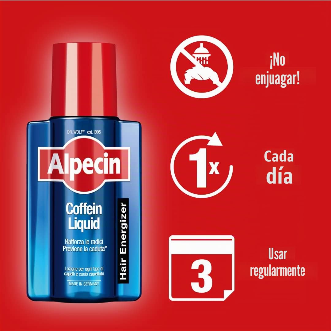 Alpecin Caffeine Liquid 3 x 200 ml | Loción anticaída para hombre para el crecimiento natural del cabello | Productos contra el adelgazamiento y la caída hereditaria | Fortalece y estimula las raíces