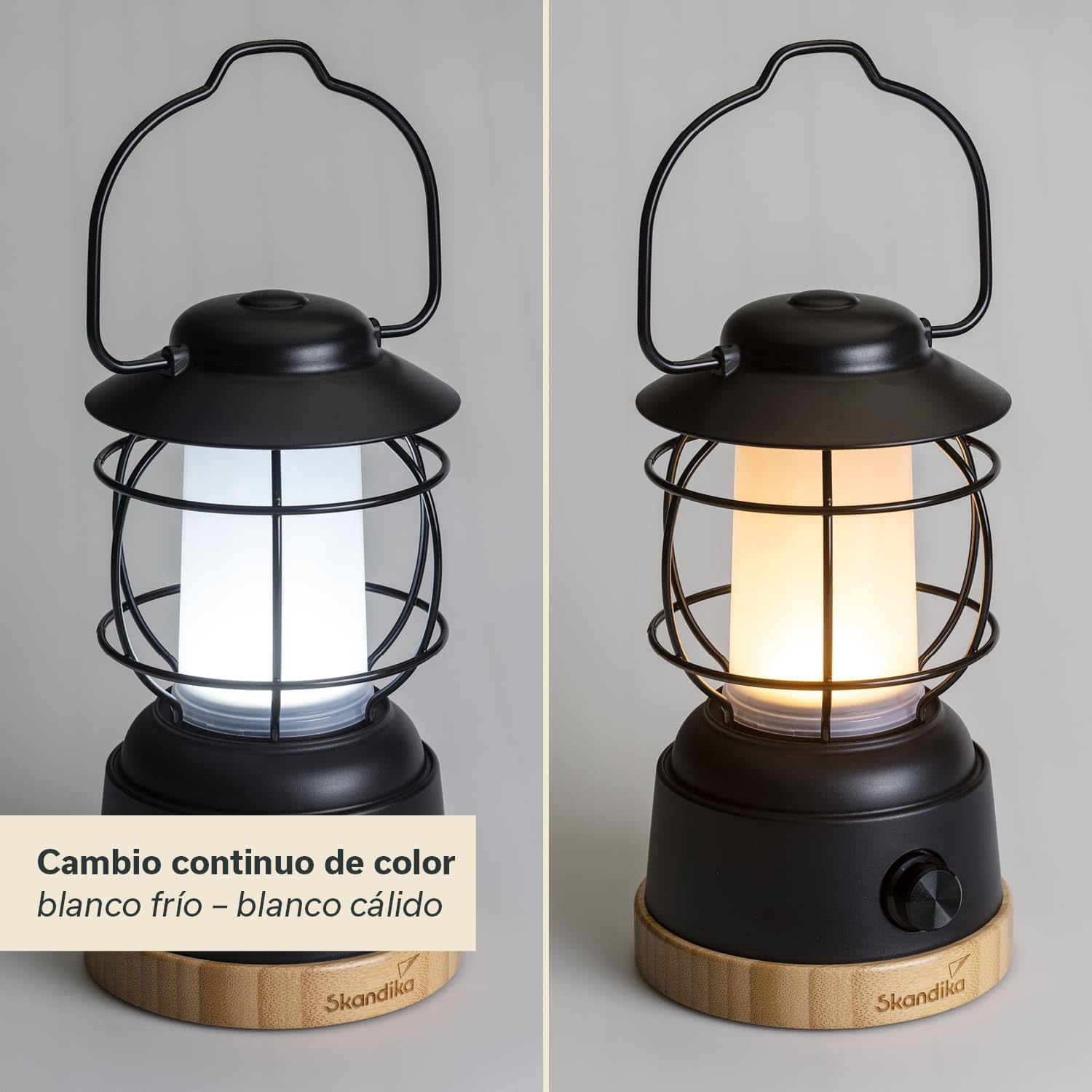 Skandika Lámpara LED Kiruna Jord | lámpara retro de camping para exteriores con power bank, regulable sin escalonamiento, sin cable, recargable, USB, estructura de acero, 200h de autonomía