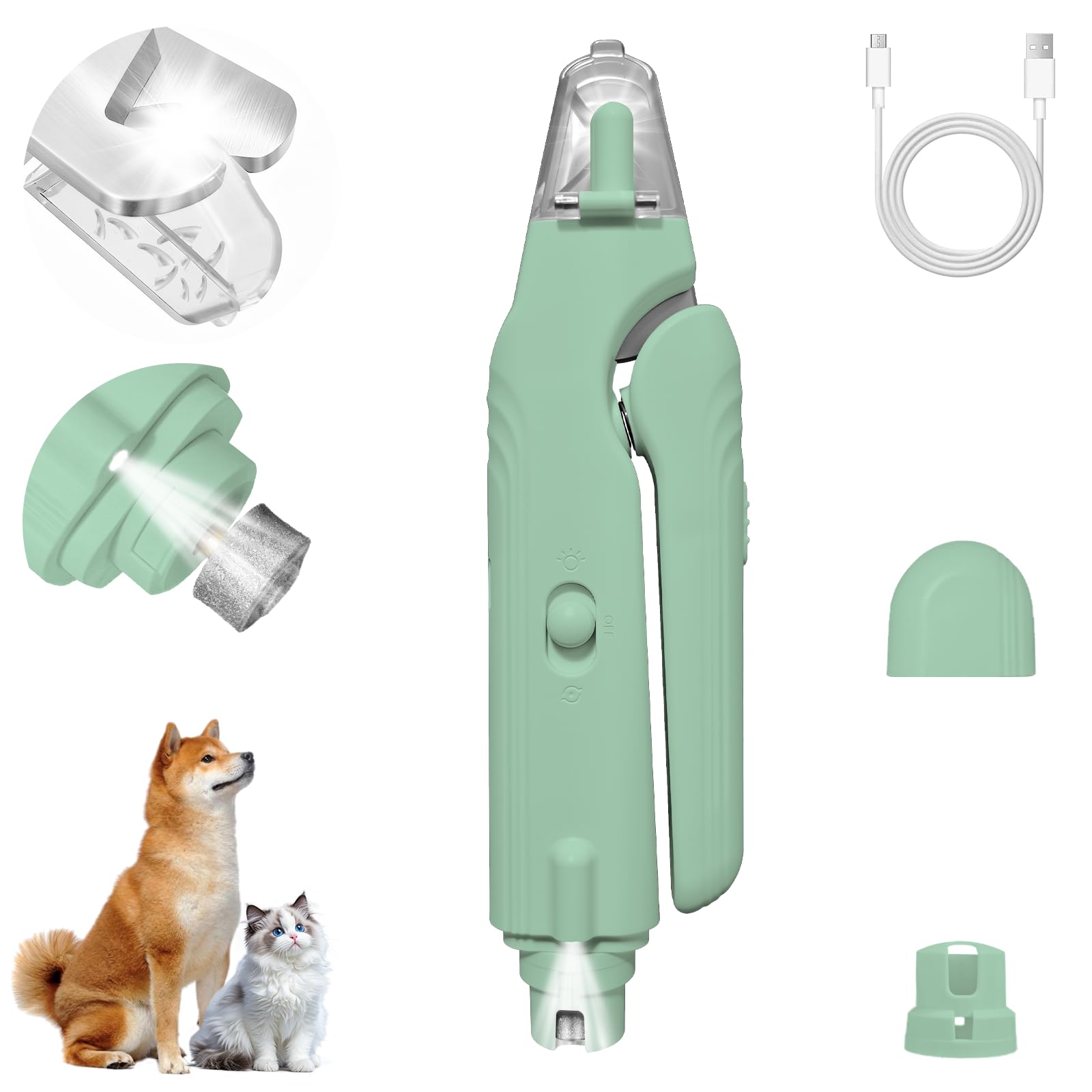 2-in-1 Dog Nail Clippers and Cat Nail Clippers with Light, Quick Sensor and Safety Guard, USB Rechargeable Pet Nail Trimmer with 2 LED Lights for Large Medium Small Dogs and Cats (Light Green)