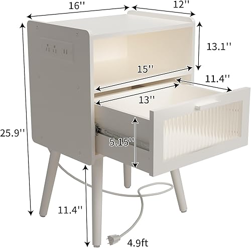 Miniatura 3 de Mesita de noche moderna de mediados de siglo con estación de carga, mesitas de noche con cajón de cristal, mesa auxiliar con espacio de