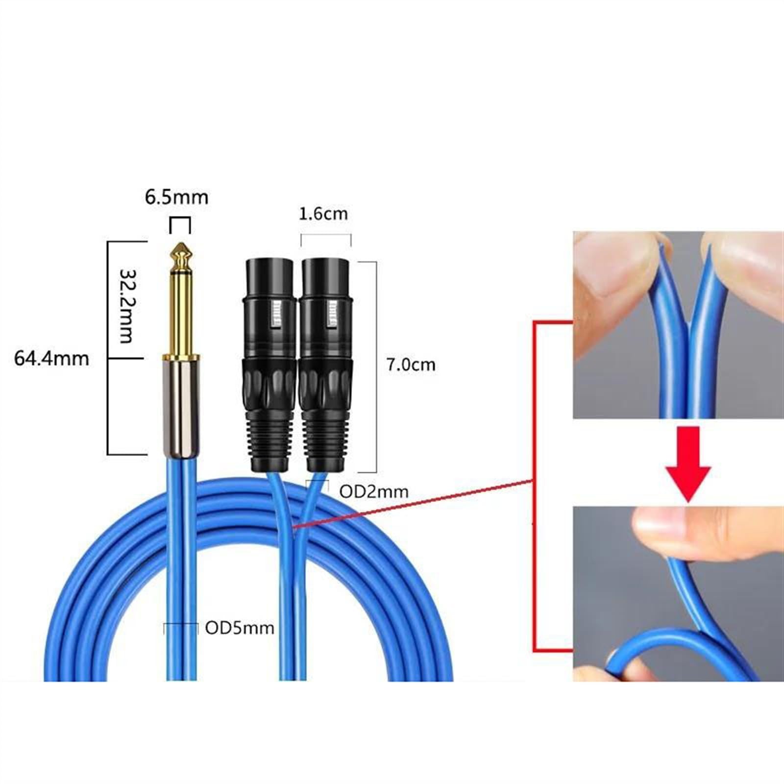 1/4'' TS Mono 6,35 Mm Klinke Auf Dual XLR 3-Pin Buchse Audiokabel Für Mixer Gitarrenverstärker Synthesizer Audiokabel für Gitarreninstrumente (Color : 2m)