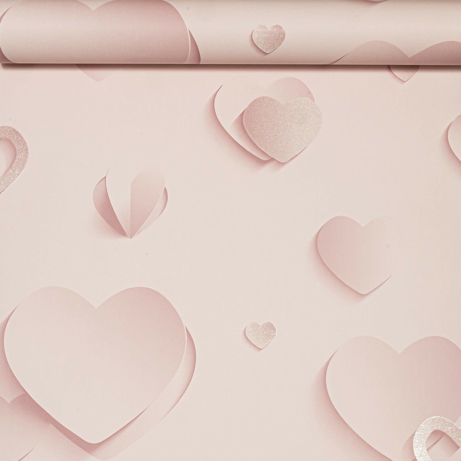 SOPHIE LAURENCE Pink Hearts Silver Metallic Glitter 3D Effect Wallpaper Girls Room Bedroom Kid's Room (Smooth Light Pink Silver Glitter 3D Hearts)