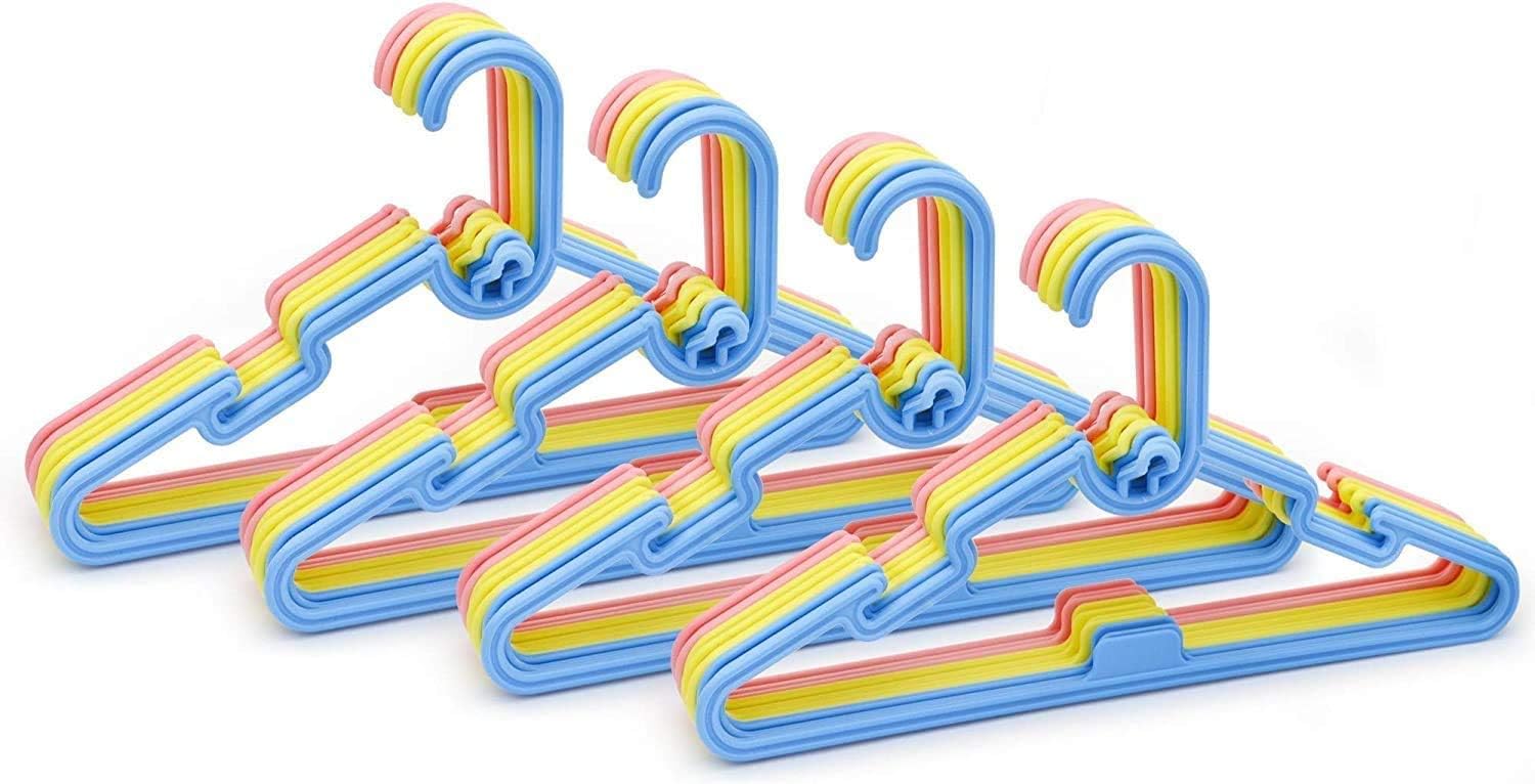 40 Pack Multi-Colour Kids Plastic Hangers, Space Saving, Hanging Notches, Stackable Hook, Nonslip, Baby Coat Hangers, Perfect Closet Organiser, Blue, Yellow, & Pink, Value Pack