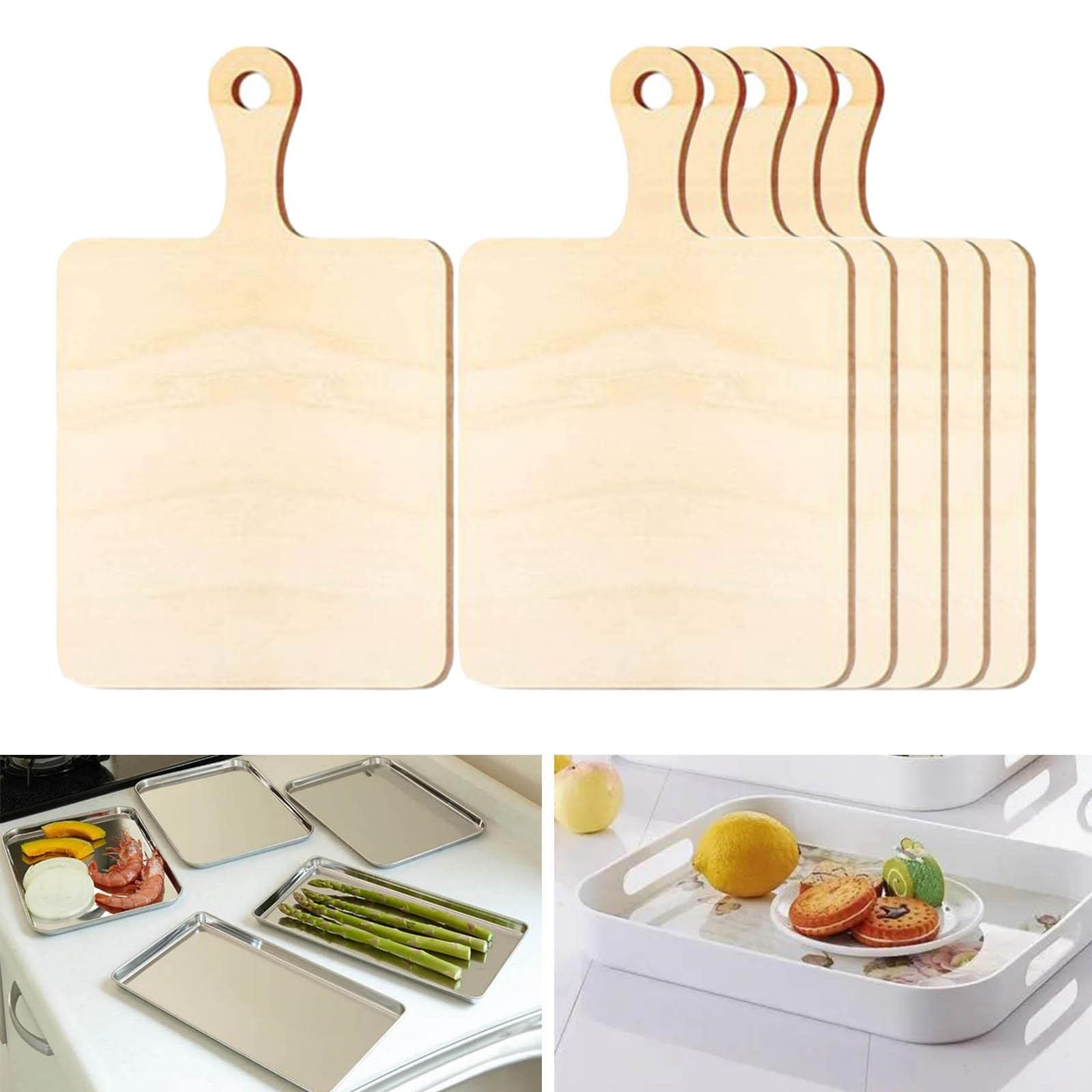 Holzschneidebrett, 6X Mini-Serviertabletts aus Holz mit Griff, rechteckig, unbehandelt