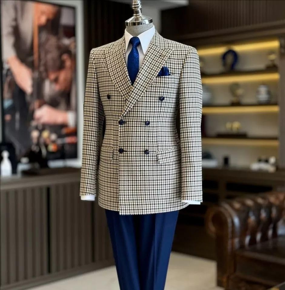 Houndstooth Blazer Men Slim Fit Plaid Suits Double Breasted Tweed Sports Coat Jacket Tuxedo Prom Wedding Groom2