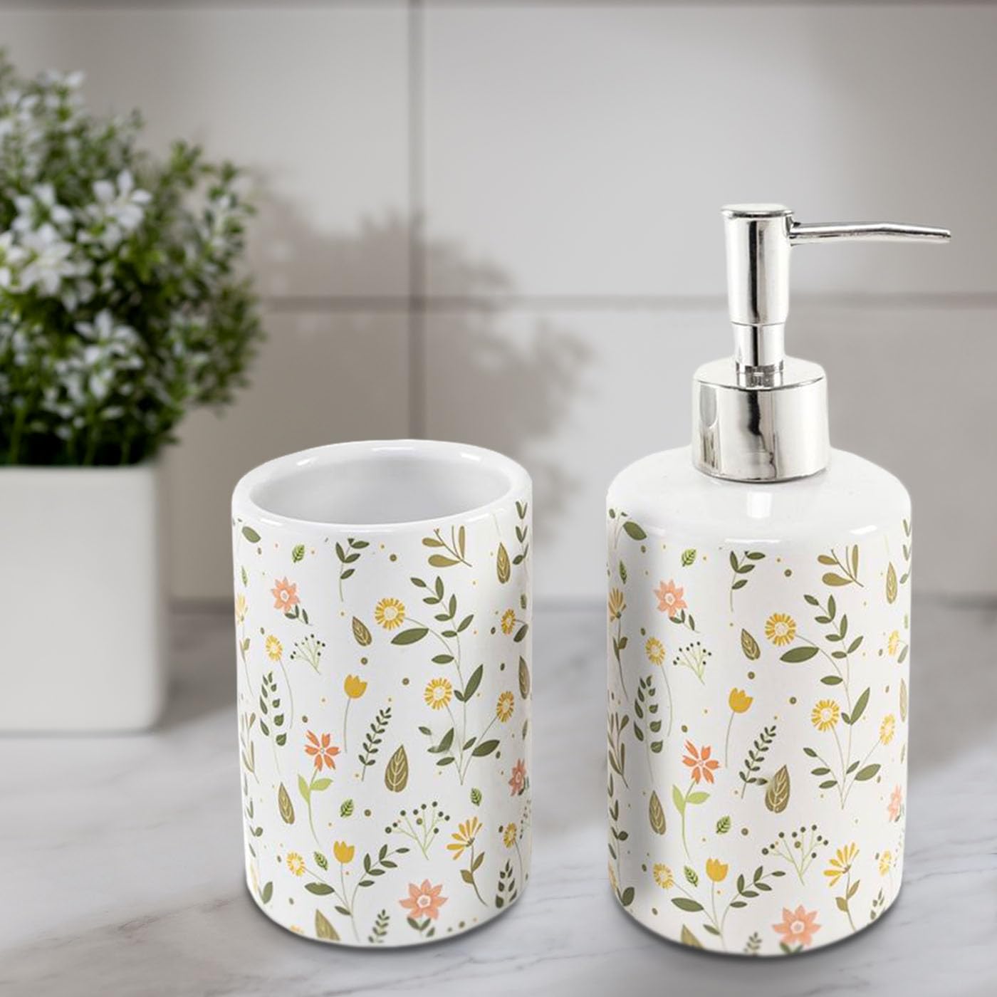 TIENDA EURASIA – Set de Baño | Dispensador de Jabón y Portacepillos | 7x16.8cm 7x10.5cm | Cerámica y Plástico Libre de BPA (Flores)