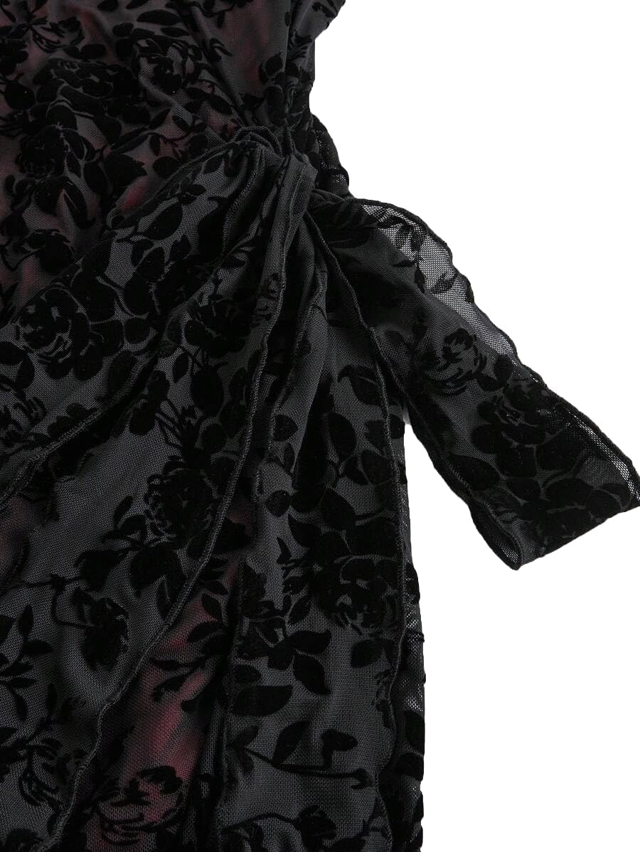 LANSHULAN Red & Black Velvet Slit Fitted Midi Goth Dress,Gothic Vintage Renaissance Halloween Dress - Image 8