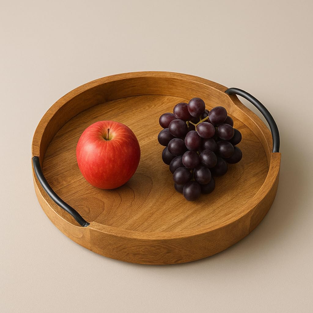 Craft Expertise Round Wooden Serving Tray - 10x10 Inch Brown Mango Wood Platter with Handles - Rustic Decorative Tray for Coffee Table, Kitchen, Dining, Breakfast & Charcuterie - Handmade Natural Wood 4