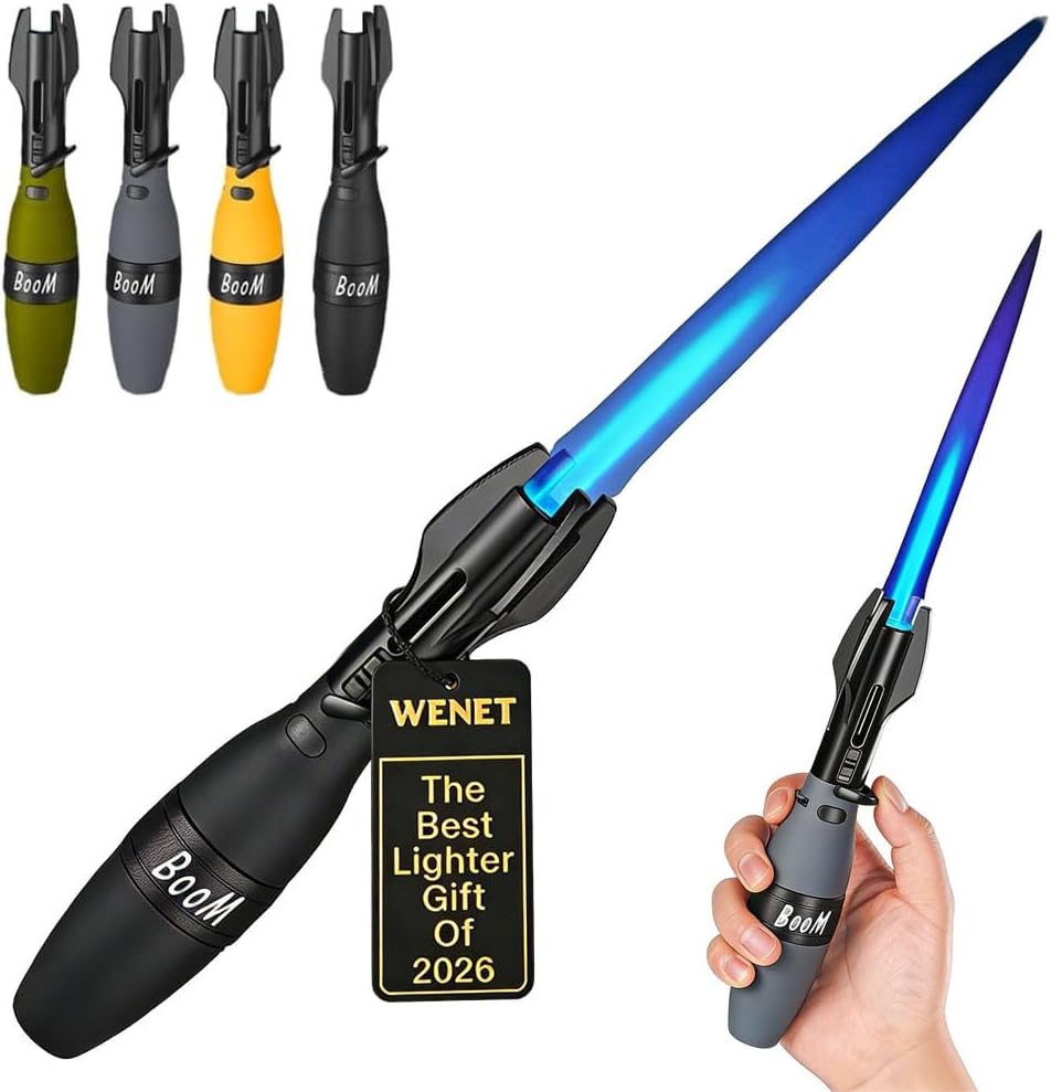 Creative Rocket Fidget Lighter, Windproof Blue Flame Torch Lighter with Safety Lock, Adjustable Jet Flame & Rotating Body, Refillable Butane Lighters for BBQ, Camping (Black)