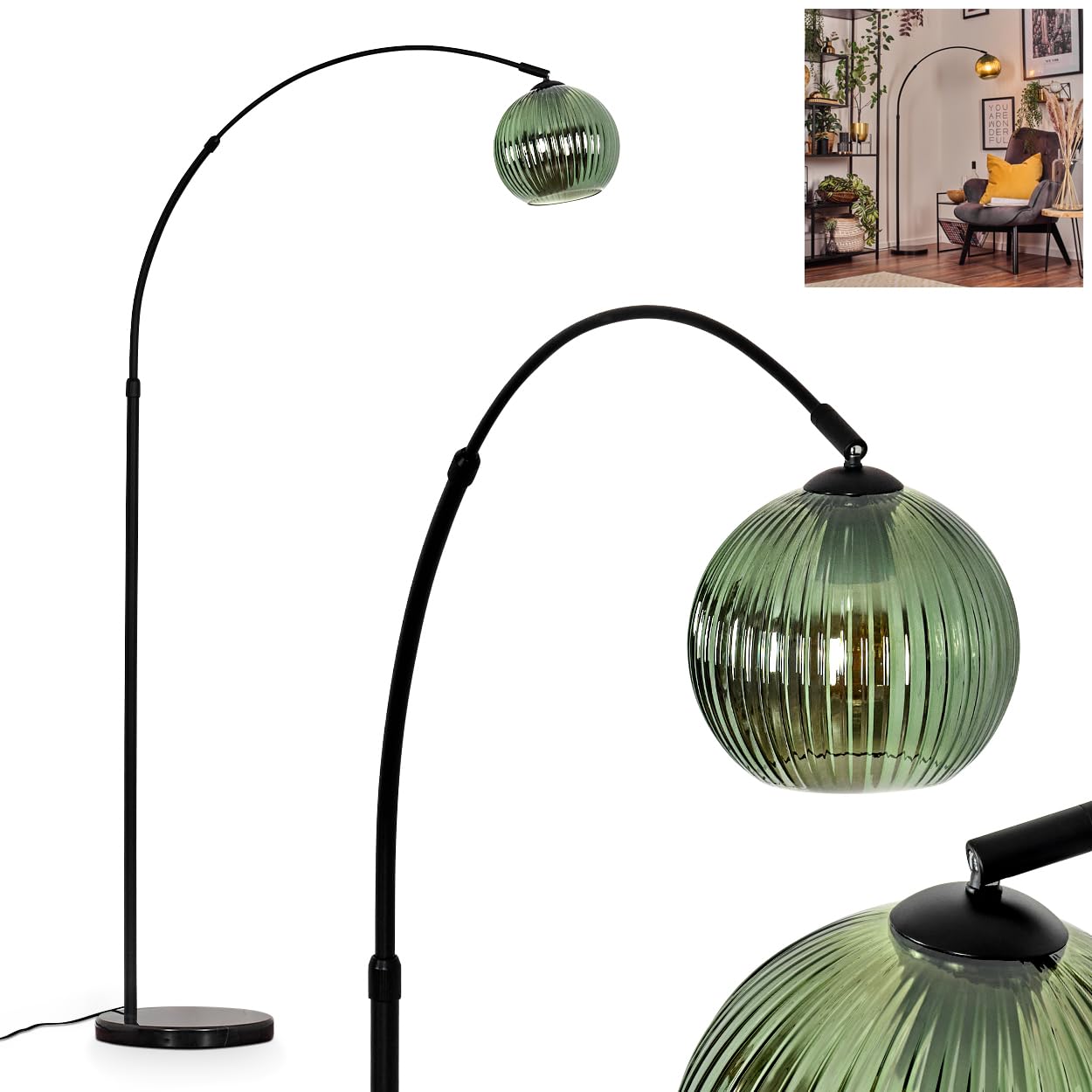 HOFSTEIN Stehleuchte Koyoto, Stehlampe aus Metall/Riffelglas in Schwarz/Grün mit Marmorfuß, verstellbare Leuchte im Retro-Design (Schirm Ø 20 cm), Fußschalter, E27, Wohnzimmer, Schlafzimmer, Flur