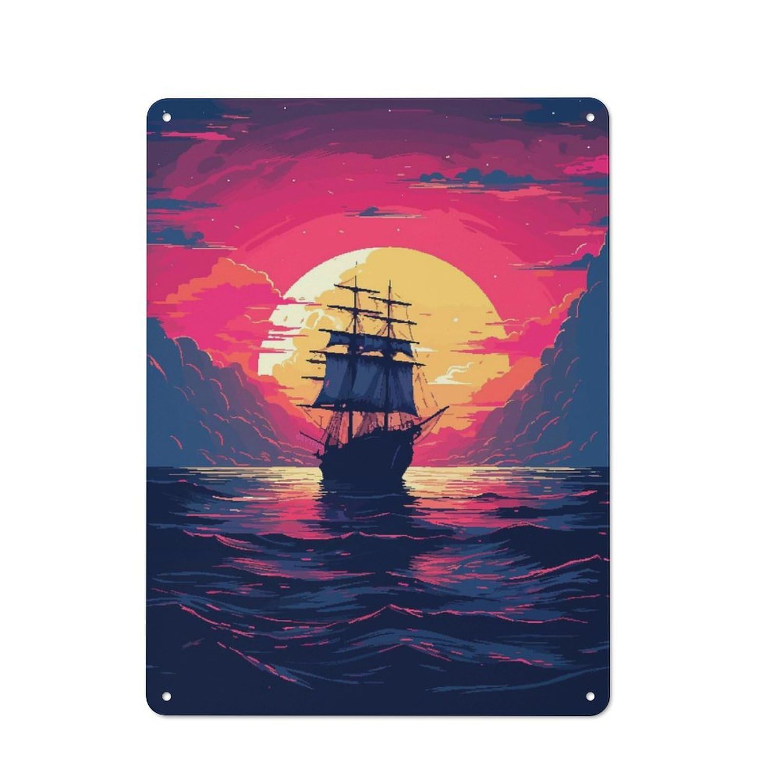 Junmoney Pirate Sunset Ship Pixel Vintage Tin Sign 40X30cm Featuring Porch Wall Decor For Patio Bar, Workshop, Shed Or Kitchen
