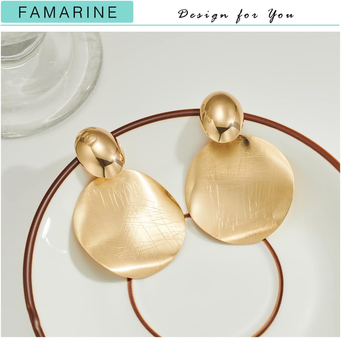 FAMARINE Big Disc Drop Earrings Gold Dangle Earrings Round Hammered Earrings Women - Image 6