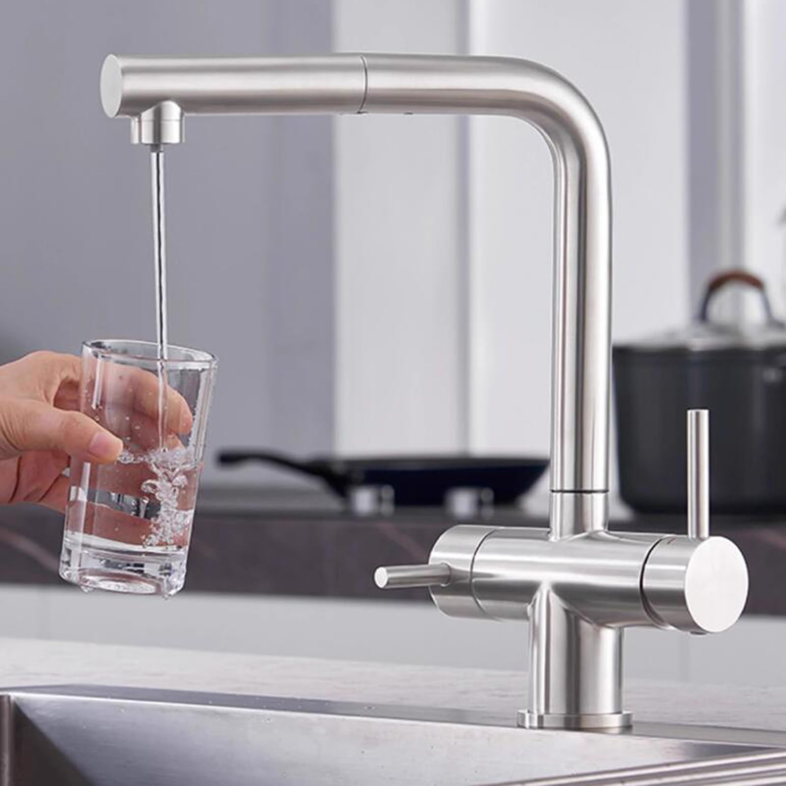 Mitigeur cuisine 3 voies eau filtrée robinet évier acier inoxydable