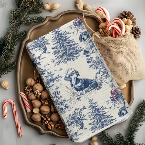 Image of Blue Dachshund Christmas Kitchen Towels,Vintage Dog Lover Gifts Dish Tea Towels for Kitchen,French Chinoiserie Holiday Decorative Hand Towel for Bathroom, 16x24 Inch