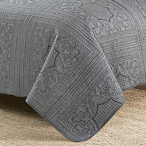 Travan Bedspread Quilt Set 3-Piece Oversized King Quilted Coverlet Set With Shams, Grey Square Floral Embossed, King Size #TOP4