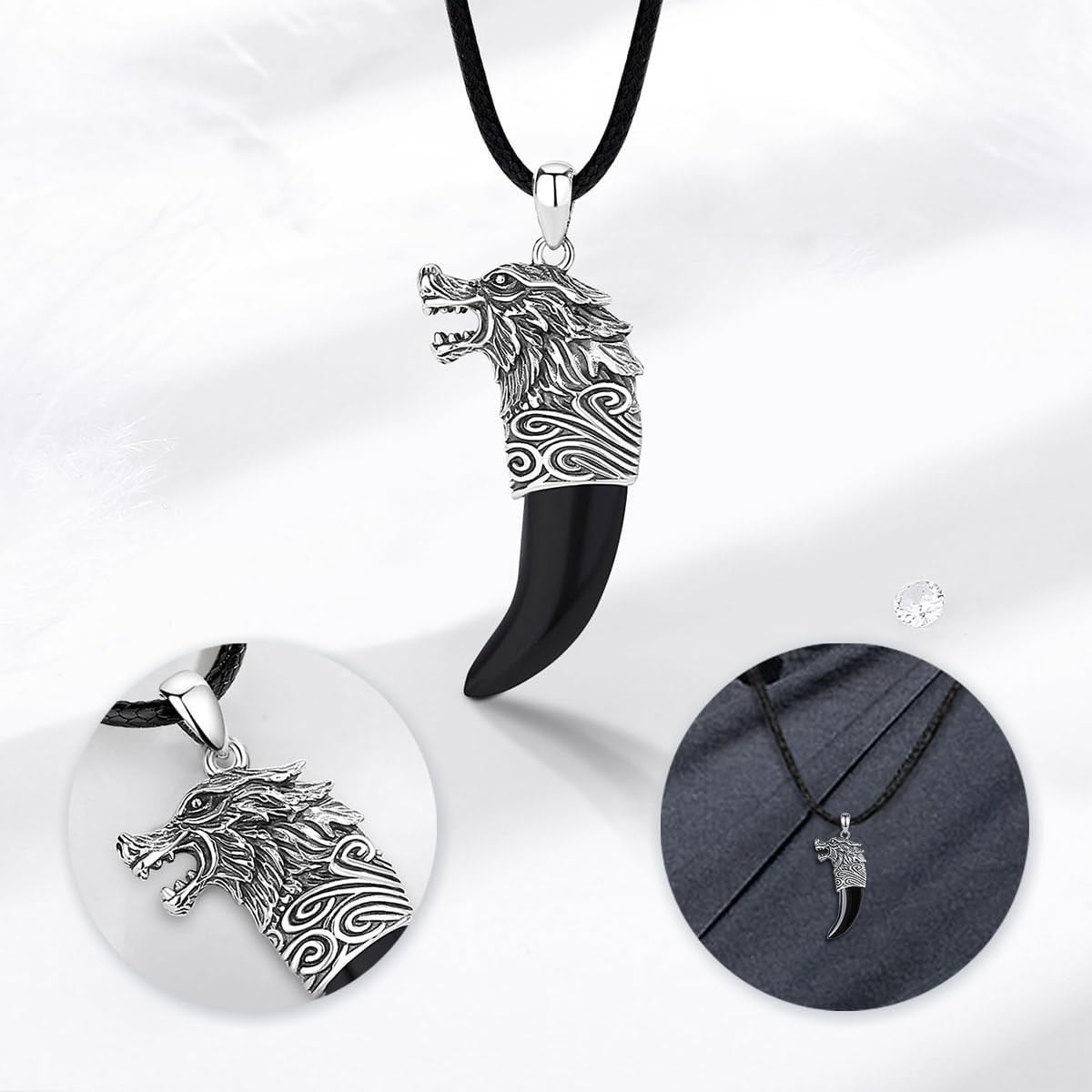 925 Sterling Silver Viking Wolf Mjolnir Necklace for Men Women, Viking Runes Wolf Tooth Witch Celtic Knot Amulet Protection Pendant Nordic Norse Mythology Jewelry Gift for Men Women