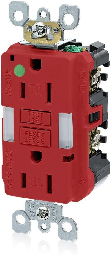 Leviton 15A-125V Hospital Grade Tamper-Resistant Guide Light Duplex Self-Test GFCI Receptacle, 15-Amp, GFNL1-HGR, Red
