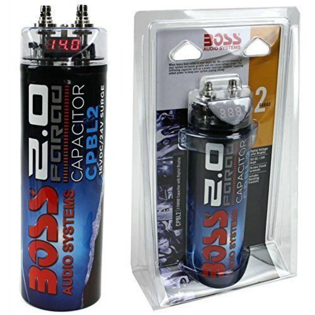 KIT SET PER BOSS AUDIO SYSTEMS CPBL2 1 condensatore 2 farad impianti fino a 2000 watt rms 1 2 3 4 5 10 capacitor con accensione cavo remote spl auto nero, 1 pezzo
