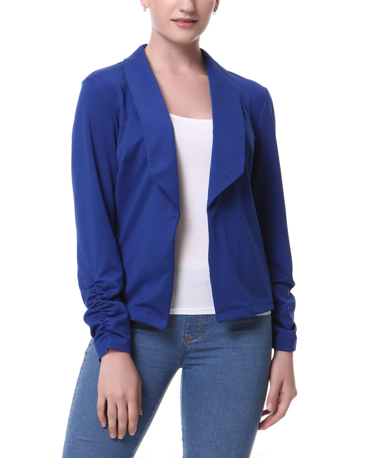 MixfeerWomen's Long Sleeve Blazer Open Front Cardigan Jacket Work Office Blazer - Dark Blue -