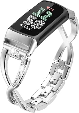 Dressy Bling Bands Compatible with Fitbit Charge 6/5 Women Stainless Steel Replacement Wristbands