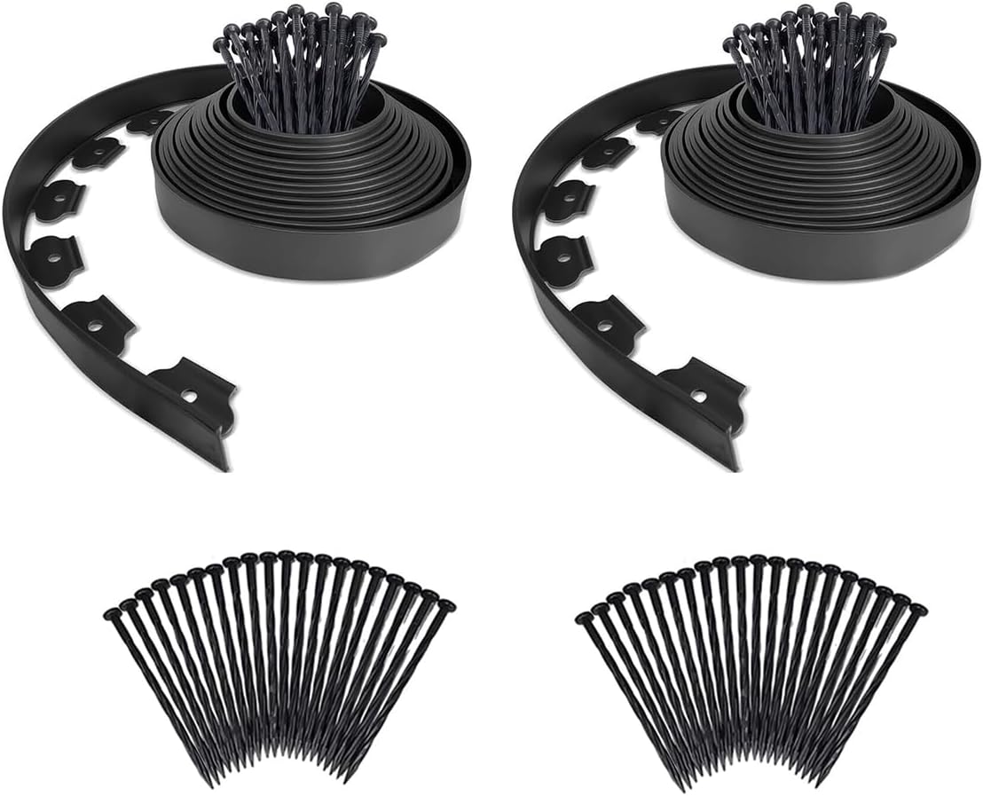 60 FT 2 Inch Tall Garden Landscape Edging Kit, Bonus 60Pcs Spiral Spikes, Black Plastic Lawn Edging for Landscaping, Lawn, Yard, Flower Gardens Border
