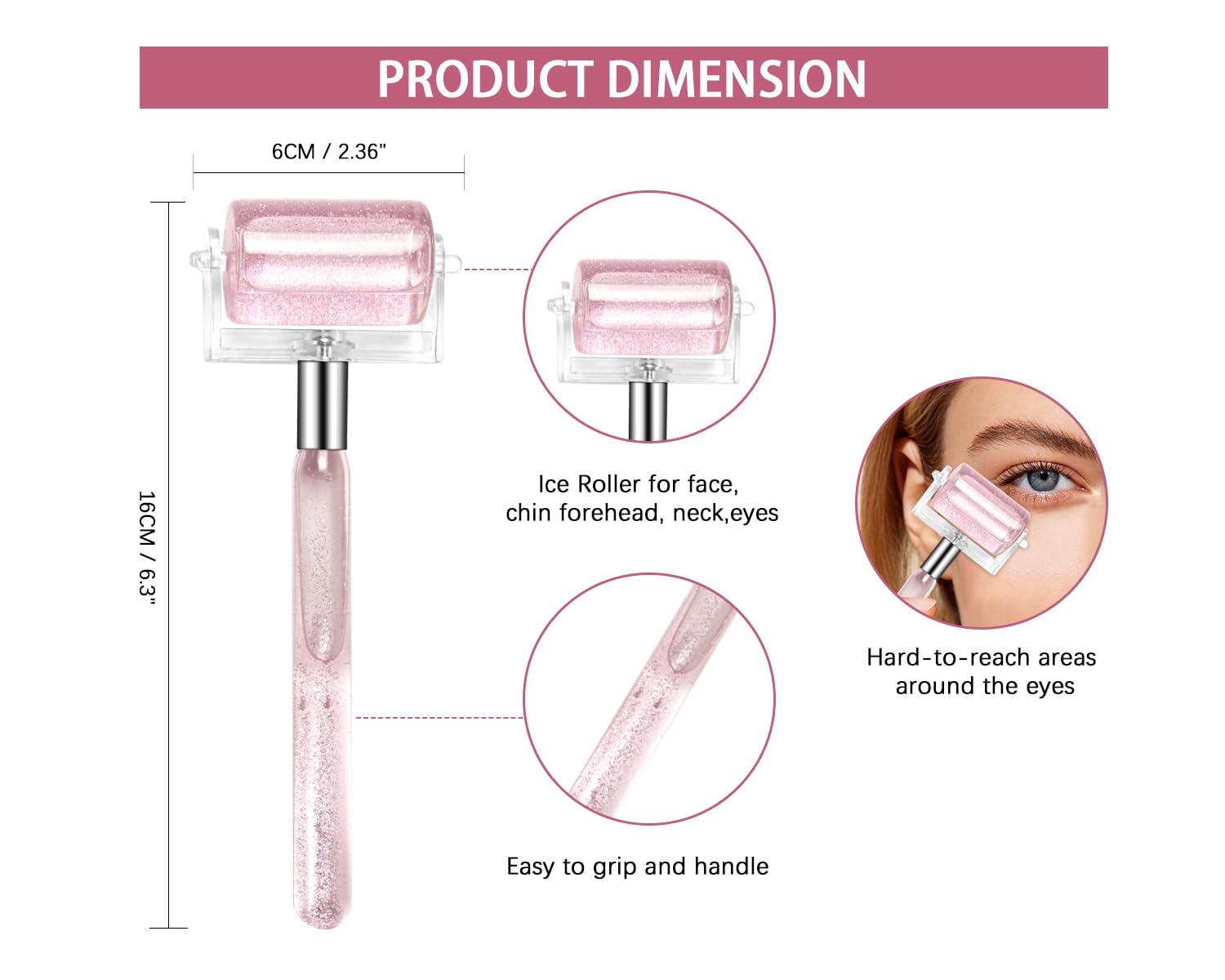 Rodillo de hielo para cara y cuerpo, herramienta de terapia de frío para hinchar los ojos, reducir la inflamación y tensar la piel, con funda protectora (rosa con purpurina)