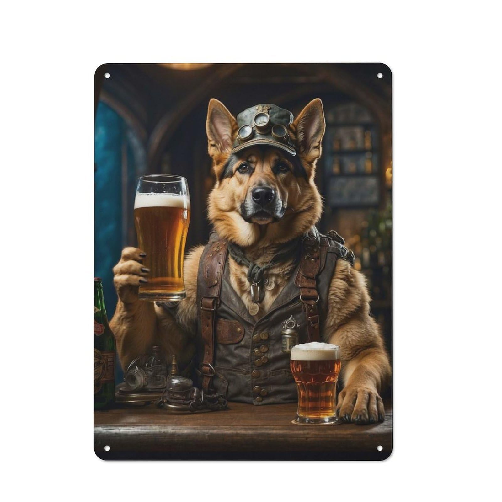 Distressed Look Metal Wall Art Sign 40x30cm Featuring German Shepherd Beer Hound, Old Style Wall Plaque for Lounge, Study, Pub Or Wall Gallery