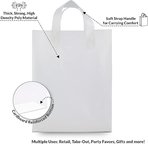 Miniatura 4 de Bolsas de plástico con asas 10 x 5 x 13 pulgadas paquete de 100 bolsas de regalo blancas esmeriladas medianas con fondo de cartón bolsas de compras