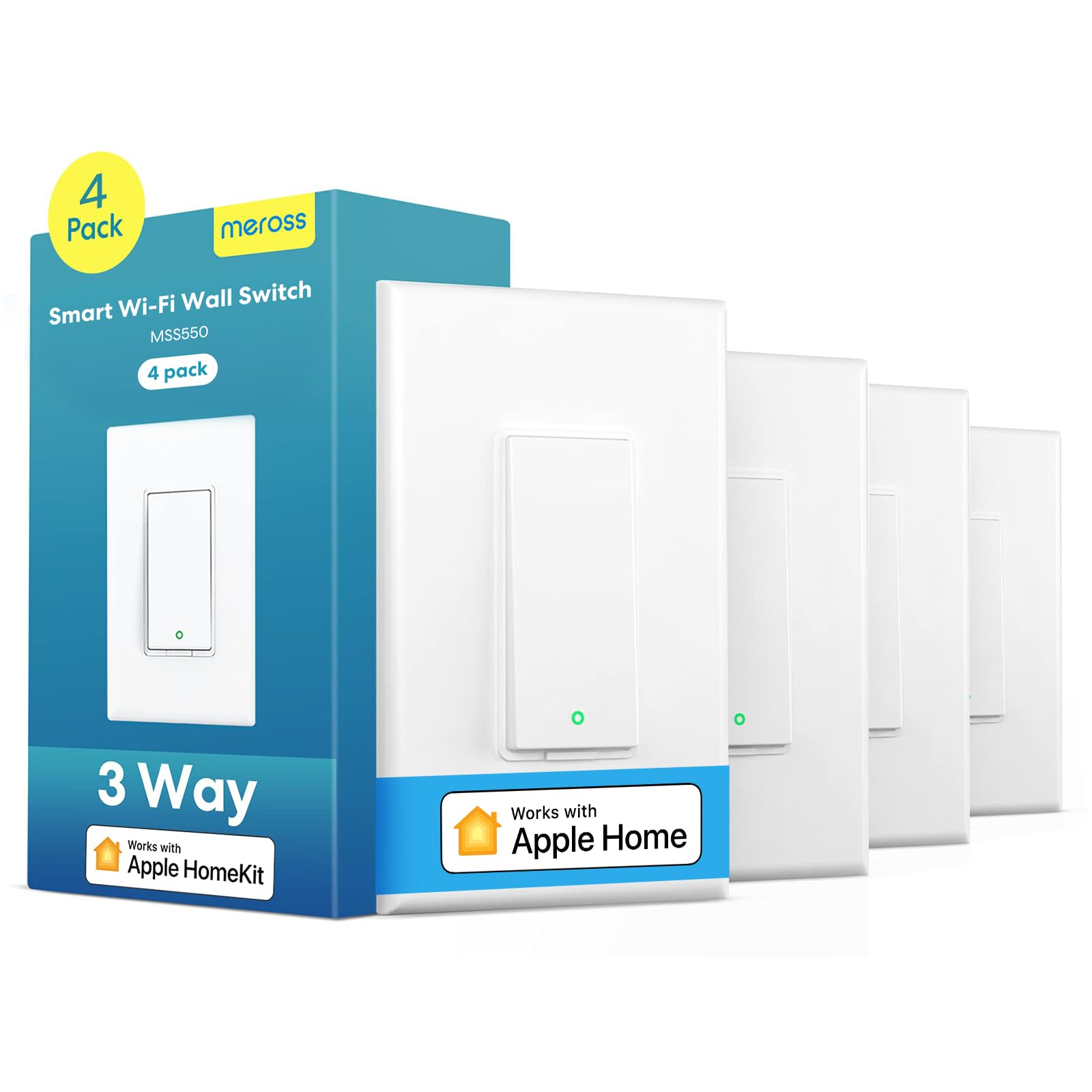 meross 4 Pack 3 Way Smart Switch Smart Light Switch Supports Apple HomeKit, Siri, Alexa, Google Assistant & SmartThings, Wall Switch Neutral Wire Required, Remote Control Timer